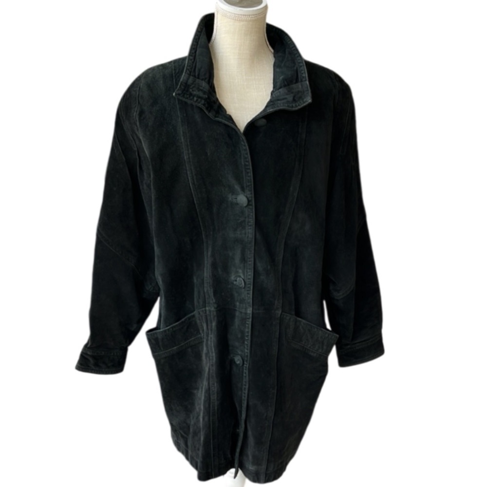 SILVERLEAF Women’s Black Suede Leather Long Jacket- Large